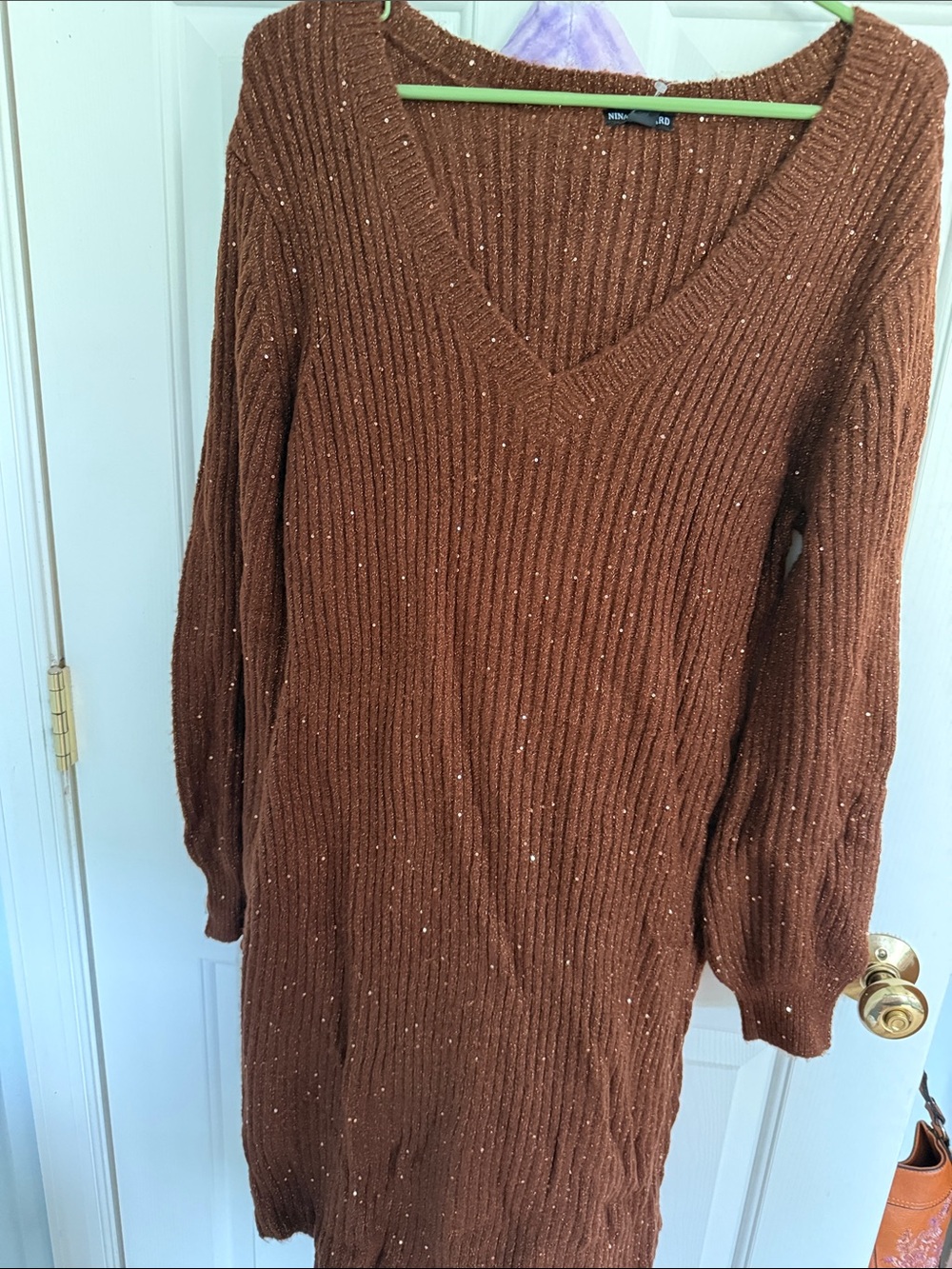 Women's V-Neck Ribbed brown Sweater Dress with sparkle accent